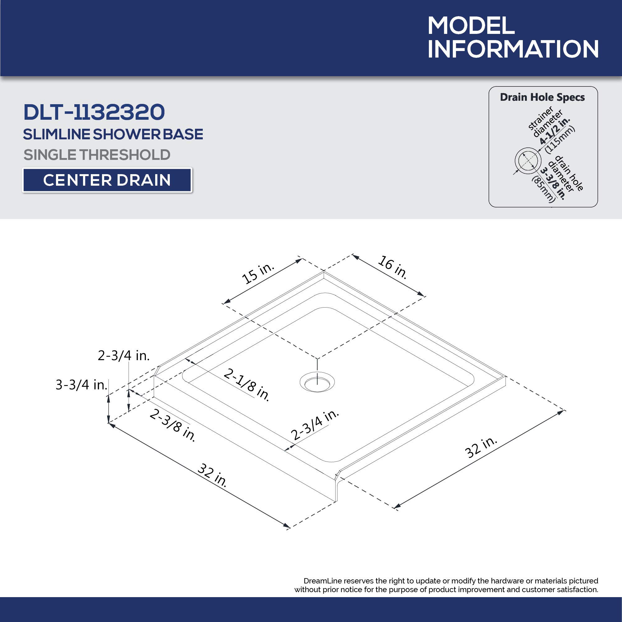 DreamLine SlimLine 32 in. D x 32 in. W x 2 3/4 in. H Center Drain Single Threshold Shower Base in Biscuit, DLT-1132320-22