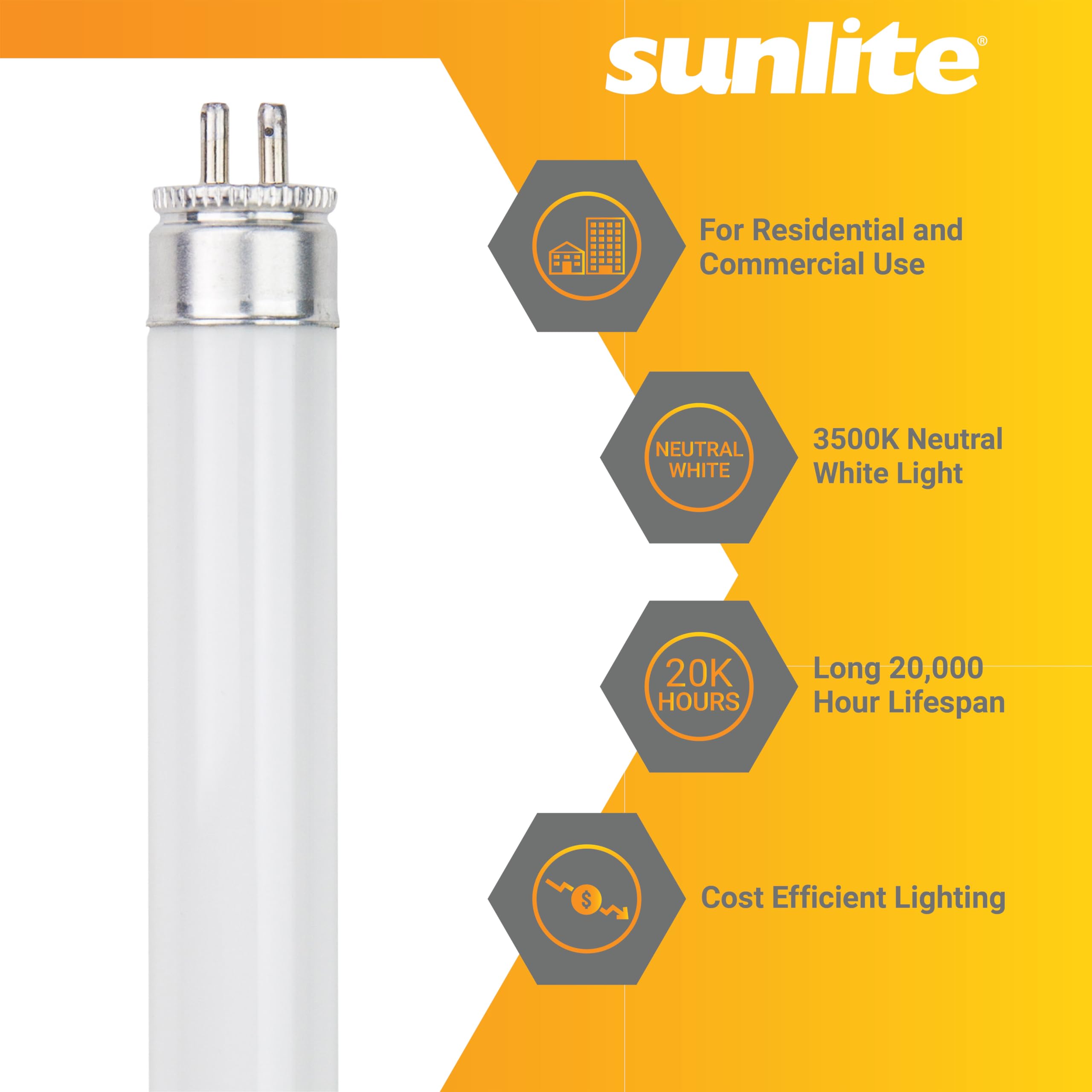 Sunlite 30257 F54T5/835/HO 4 Foot T5 Linear Fluorescent Lamp, 54 Watts, 5000 Lumens, 3500K Neutral White, Miniature G5 Bi-Pin Base, High Performance Straight Tube, 12 Pack