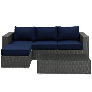 Modway Sojourn Wicker Rattan 3 Piece Outdoor Patio Sunbrella Sectional Set in Canvas Navy