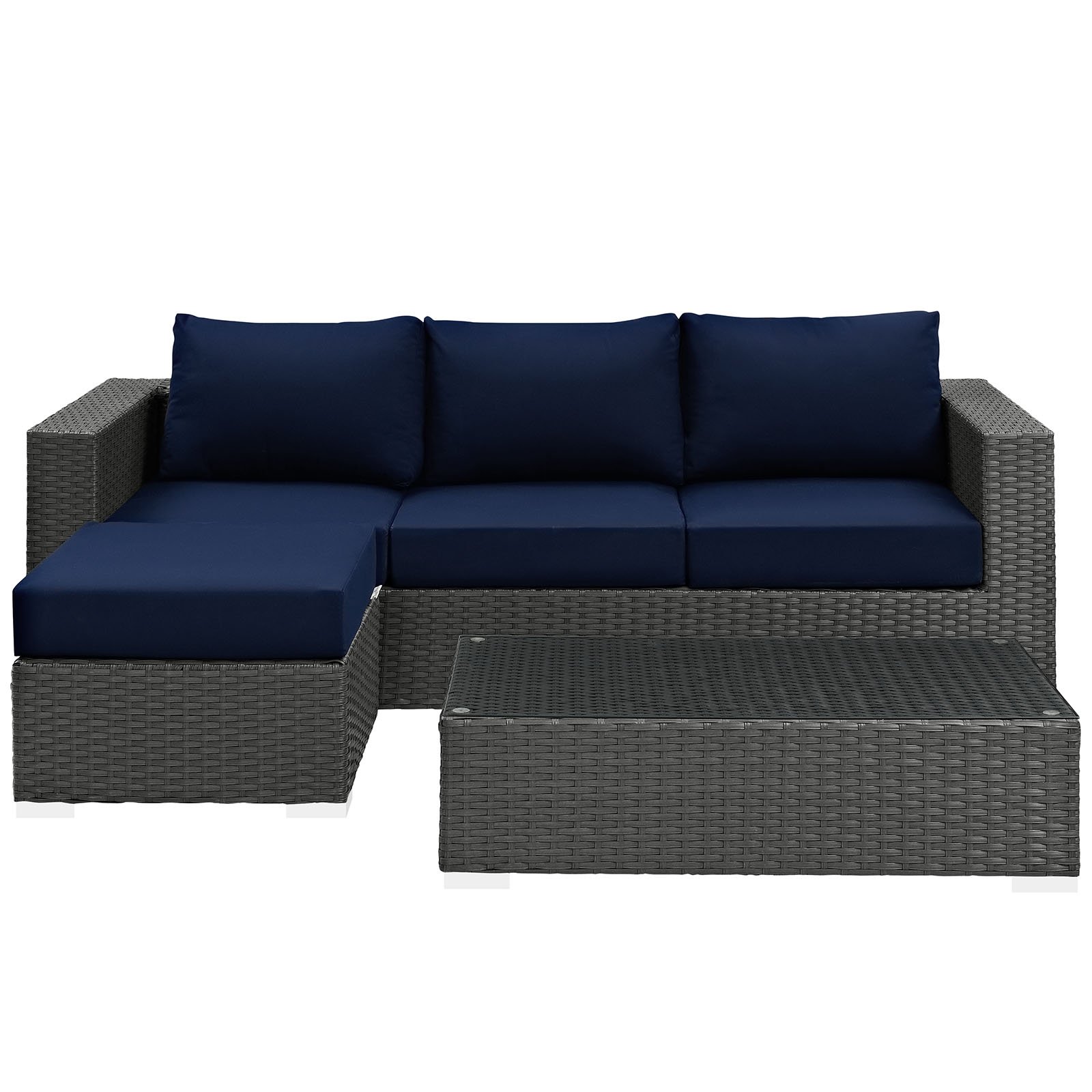 Modway Sojourn Wicker Rattan 3 Piece Outdoor Patio Sunbrella Sectional Set in Canvas Navy