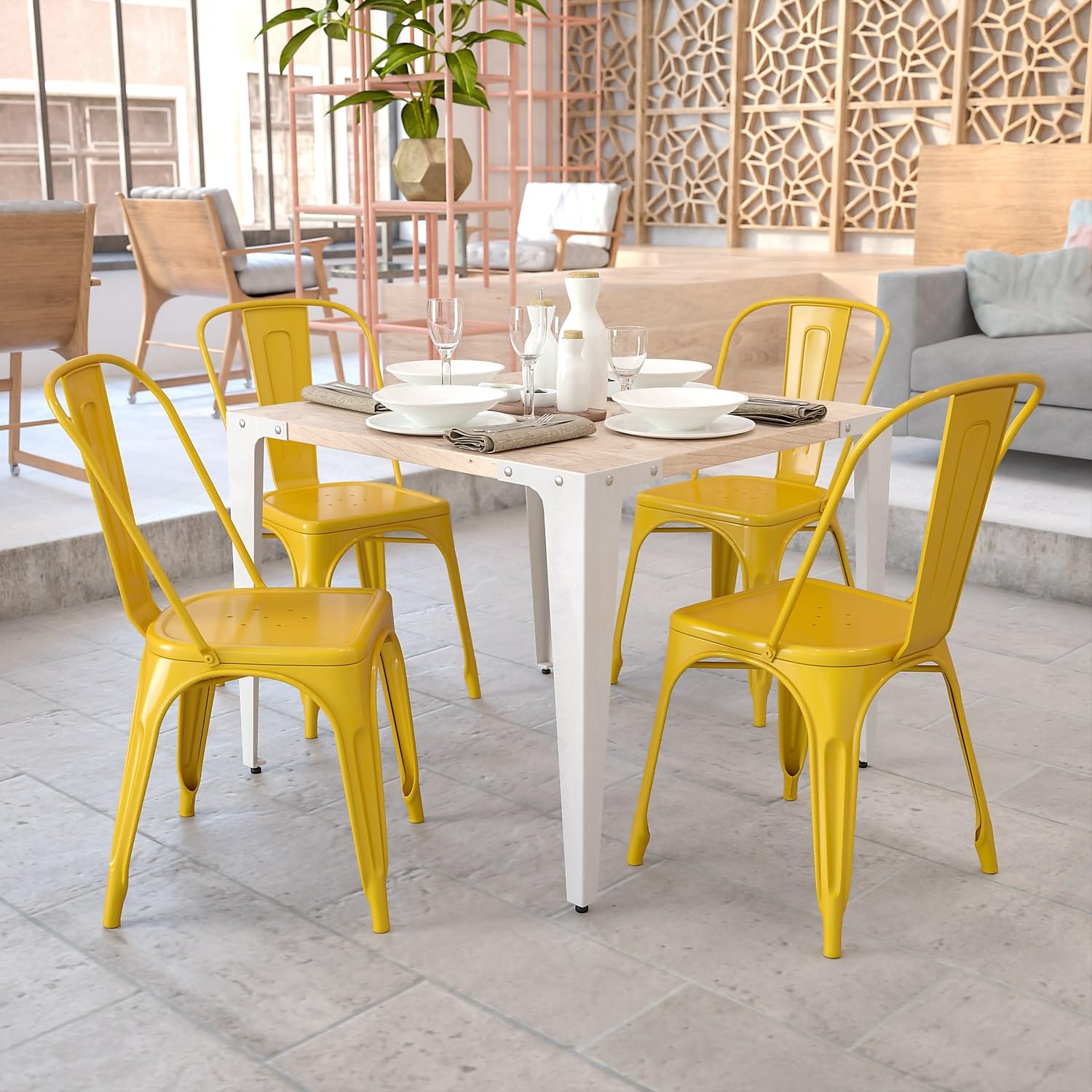 Flash Furniture Luke Commercial Grade 4 Pack Yellow Metal Indoor-Outdoor Stackable Chair