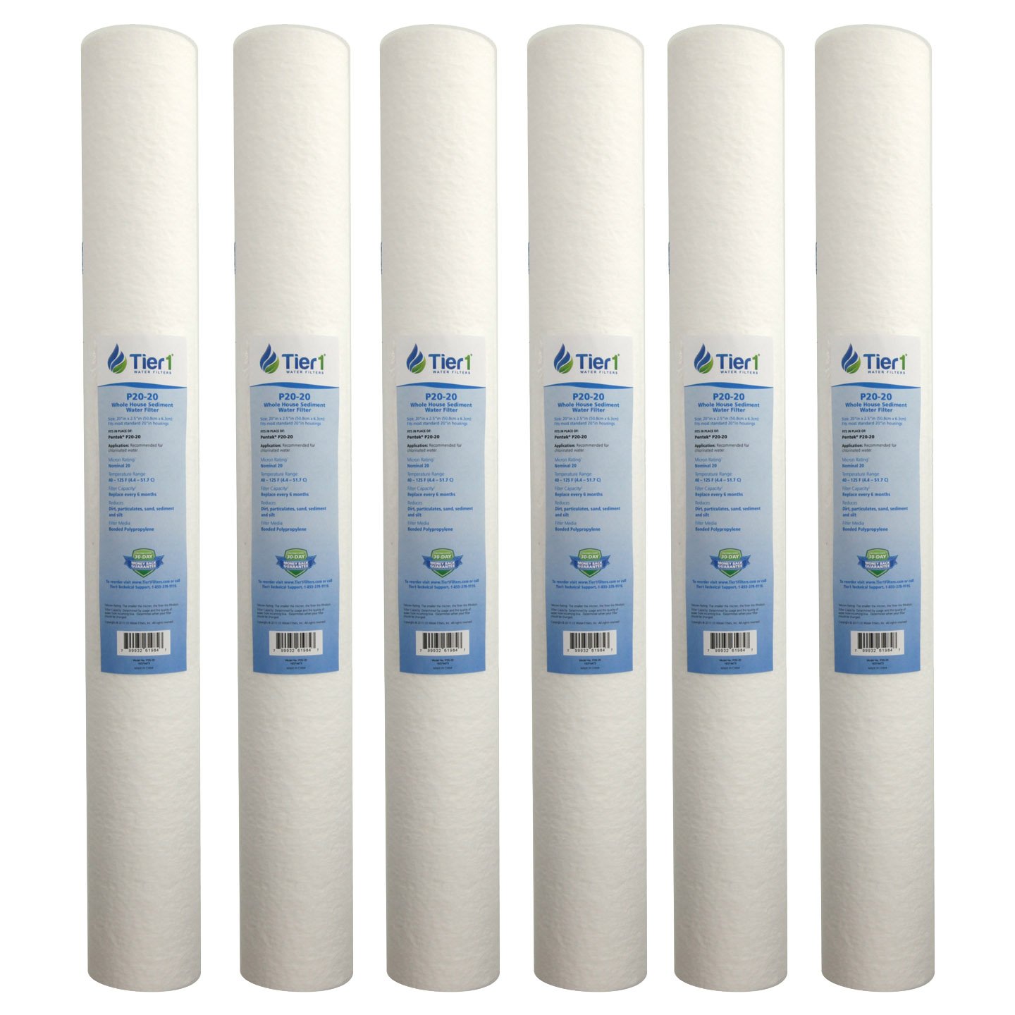 Tier1 20 Micron 20 Inch x 2.5 Inch | 6-Pack Spun Wound Polypropylene Whole House Sediment Water Filter Replacement Cartridge | Compatible with Pentek P20-20, Purtrex PX20-20, Home Water Filter