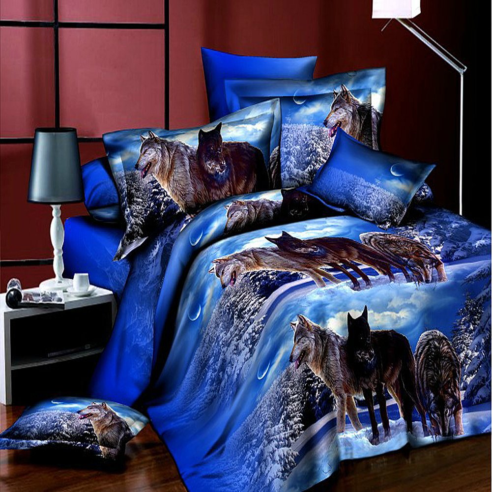 Heave Wolf Duvet Cover Set Queen Size Wolf Printed Bed Set with Sheet and 2 Pillow Covers Manly Bedding 4pcs