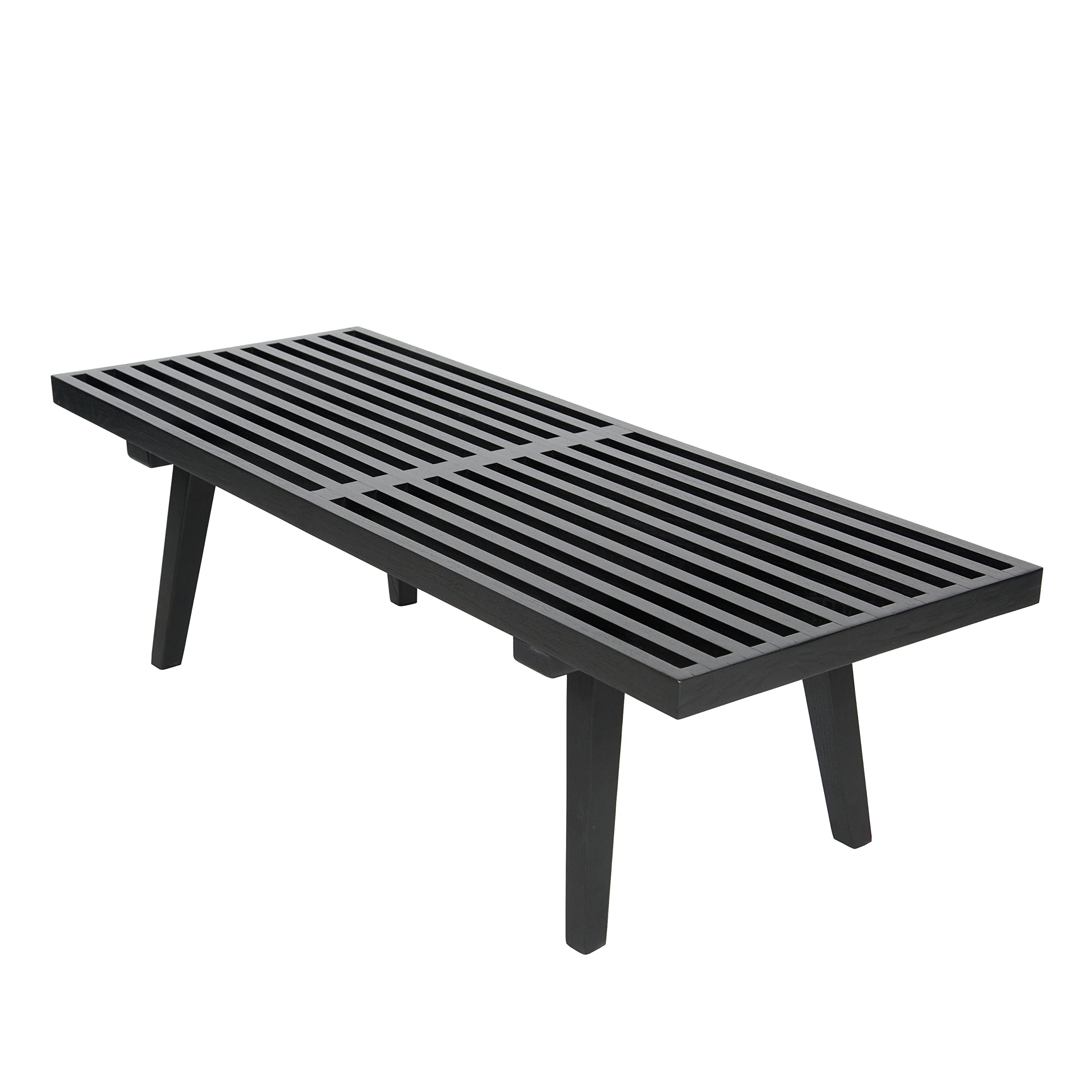 LeisureMod 48” Wide Platform Bench with Rectangular Rubberwood Frame and Beech Wood Legs Slatted Design for Modern Home, Bedroom, Living Room, Hallway Inwood Collection in Black