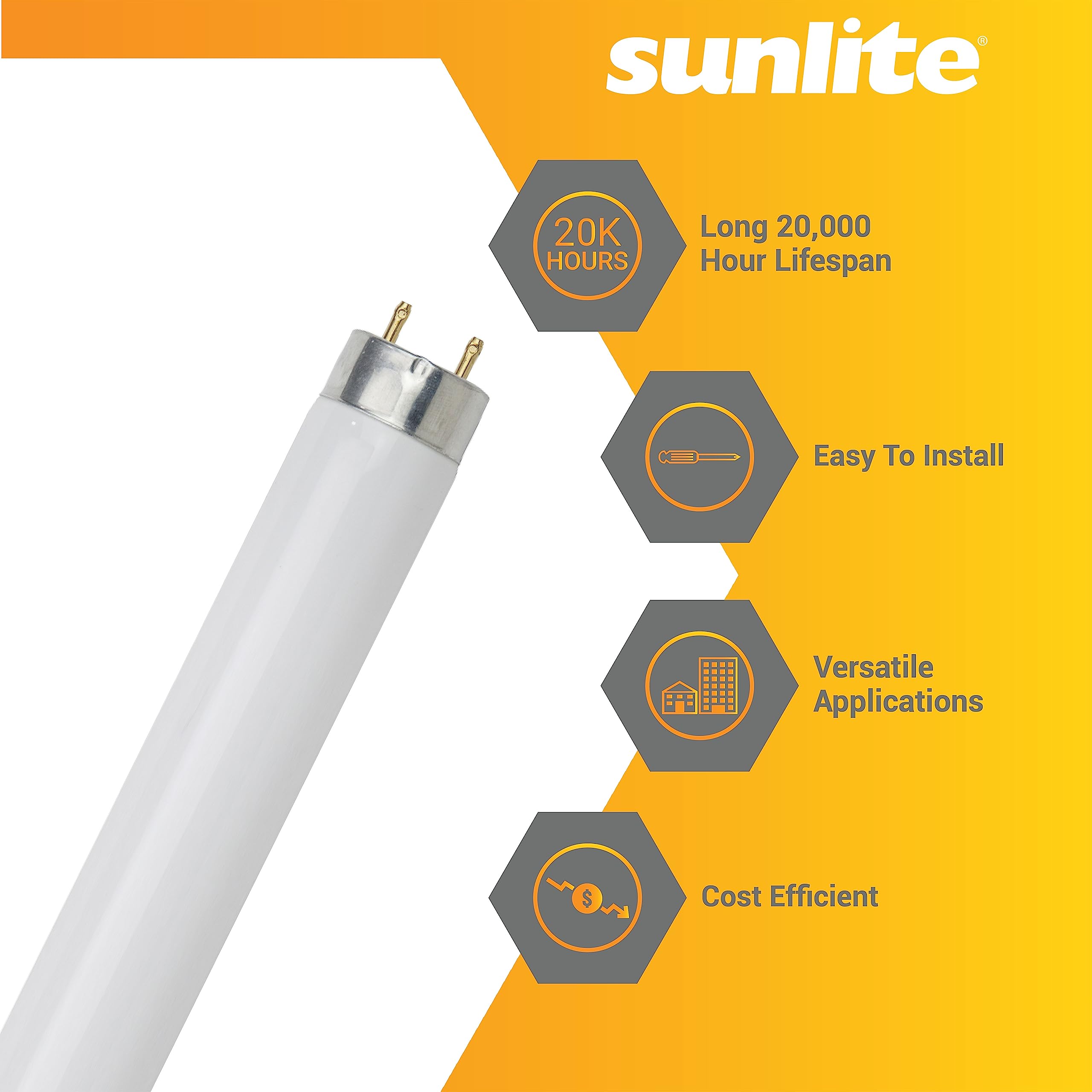 Sunlite 30246 F32T8/SP850 4 Foot T8 Linear Fluorescent Light Bulb, 32 Watts, 3050 Lumens, Medium Bi-Pin (G13) Base, 5000K Daylight, High Performance, 10 Pack