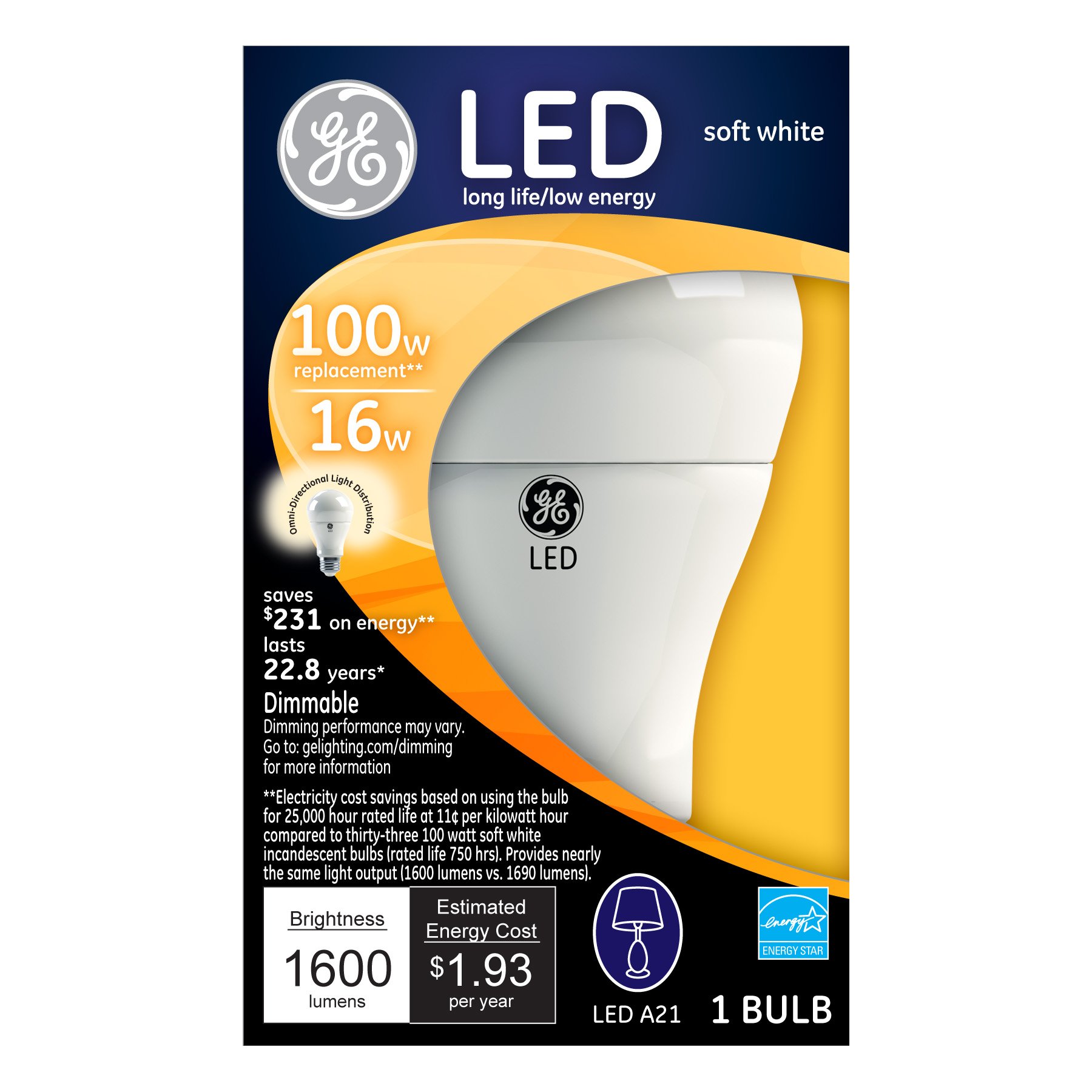 GE Lighting 22711 LED 16-watt (100-watt replacement), 1600-Lumen A21 Bulb with Medium Base, Soft White, 1-Pack