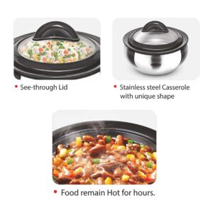 Milton Casserole with Glass Lid Set of 3 for Hot Food, Insulated Hot Pot, Stainless Steel, Serving Box (bowl, dish) for Food and Roti, Sizes 19 oz, 41 oz and 66 oz, Clarion