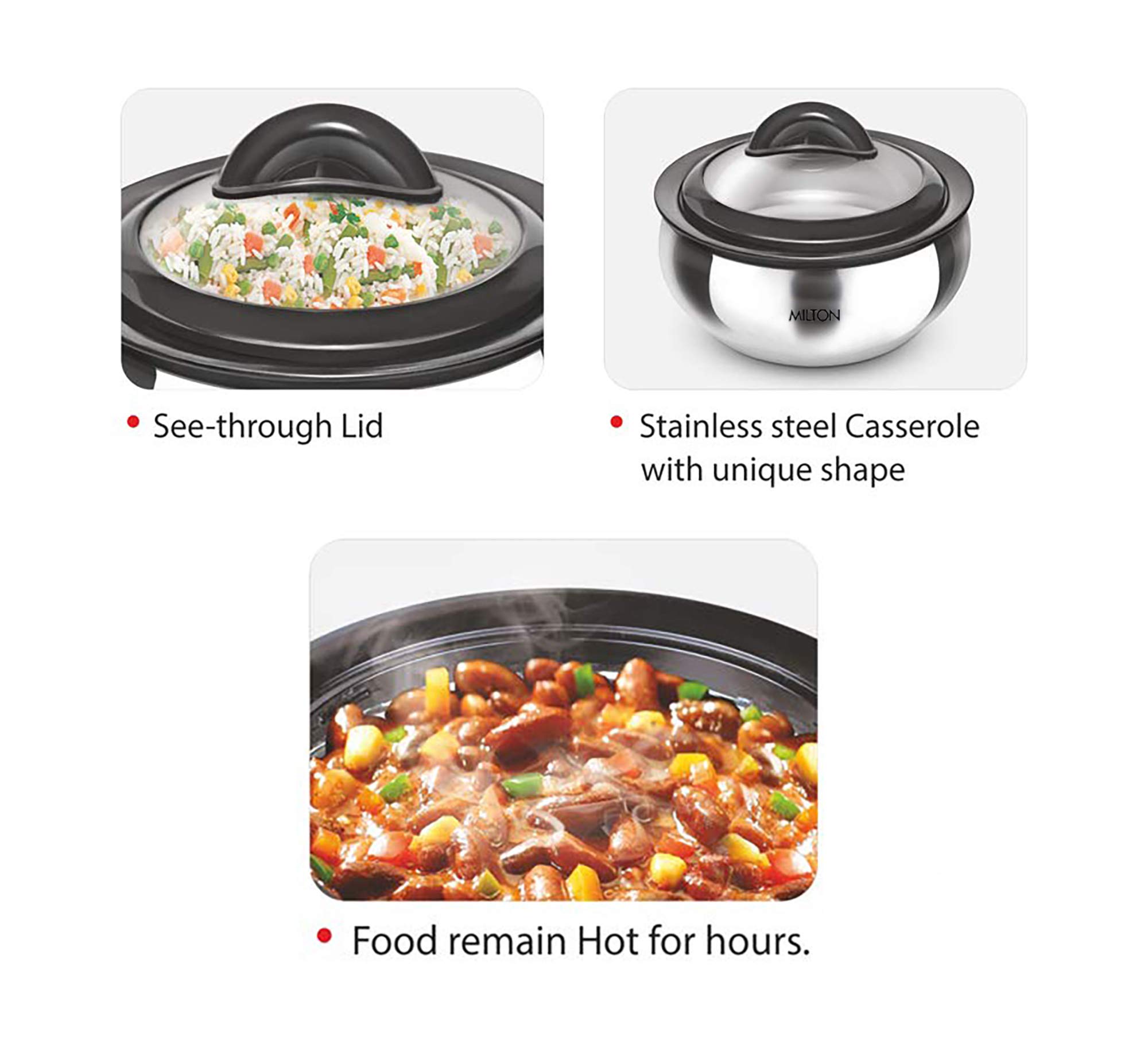 Milton Casserole with Glass Lid Set of 3 for Hot Food, Insulated Hot Pot, Stainless Steel, Serving Box (bowl, dish) for Food and Roti, Sizes 19 oz, 41 oz and 66 oz, Clarion