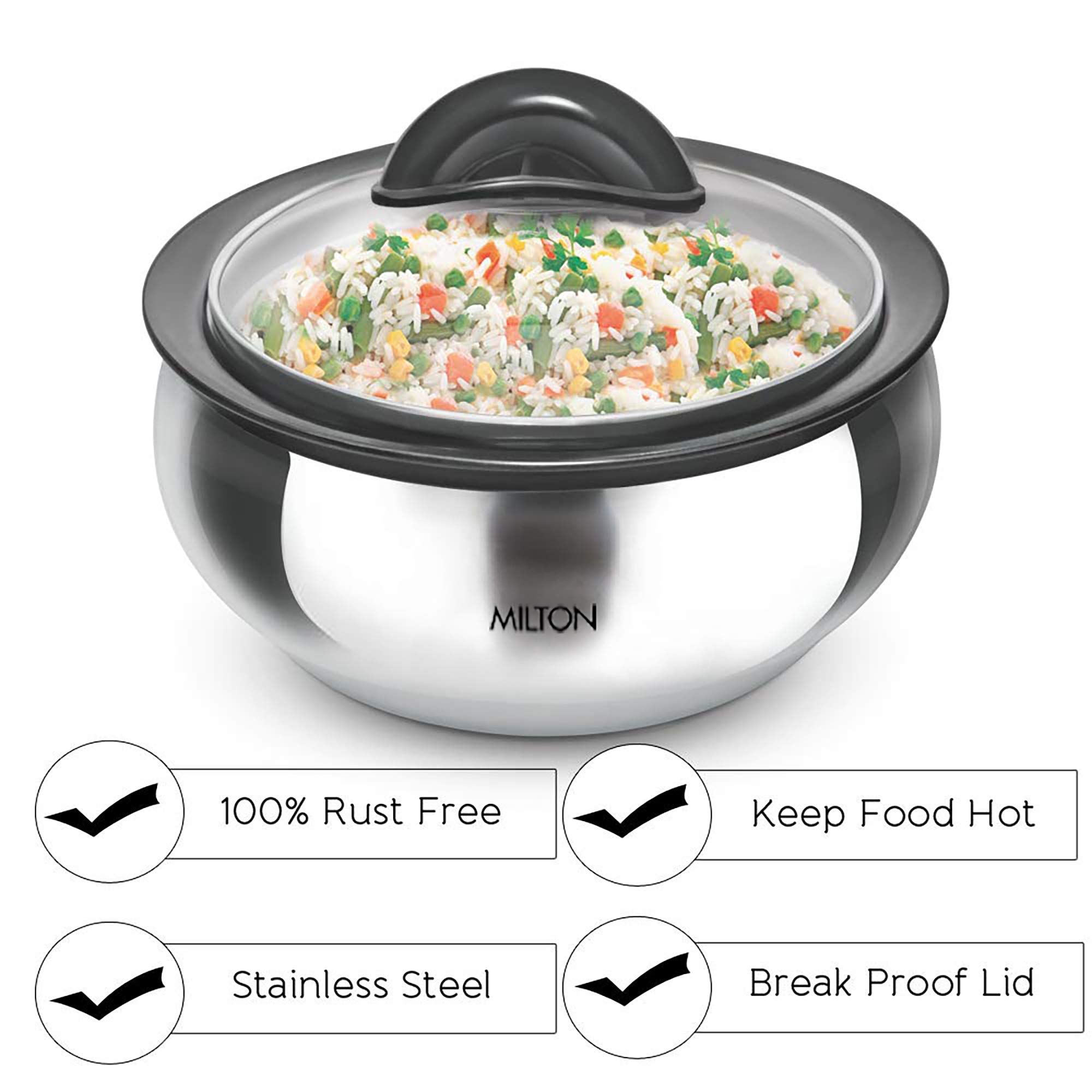 Milton Casserole with Glass Lid Set of 3 for Hot Food, Insulated Hot Pot, Stainless Steel, Serving Box (bowl, dish) for Food and Roti, Sizes 19 oz, 41 oz and 66 oz, Clarion