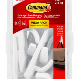 Command Large Utility Hook Mega Pack, White, 14-Hooks, 16-Strips, Organize Damage-Free