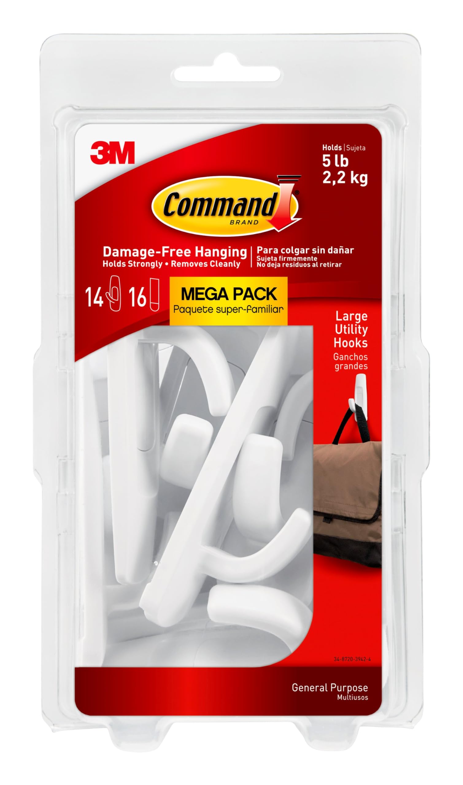 Command Large Utility Hook Mega Pack, White, 14-Hooks, 16-Strips, Organize Damage-Free