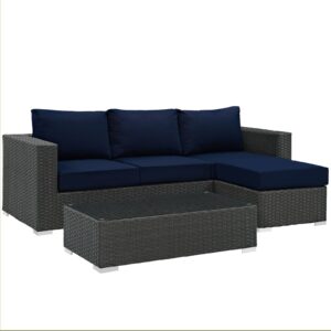 modway sojourn wicker rattan 3 piece outdoor patio sunbrella sectional set in canvas navy