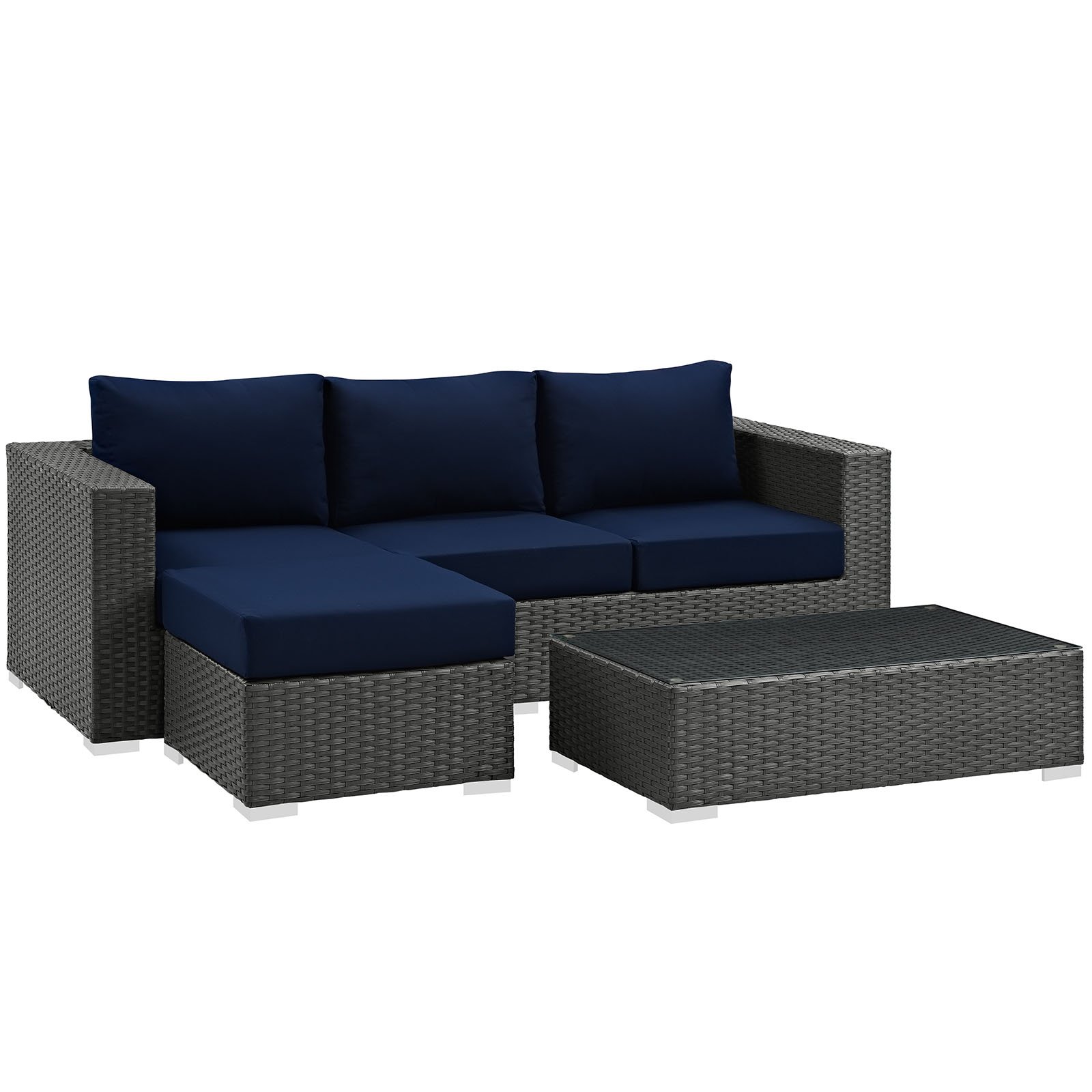 Modway Sojourn Wicker Rattan 3 Piece Outdoor Patio Sunbrella Sectional Set in Canvas Navy