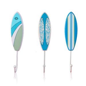 tumbler home tropical surfboard wall hooks – set of 3 – blue/green/white theme – 9” tall