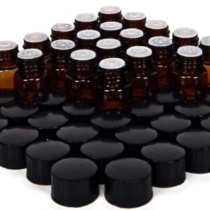 24, Amber, 1 ml (1/4 Dram) Glass Bottles, with Orifice Reducers and Black Caps