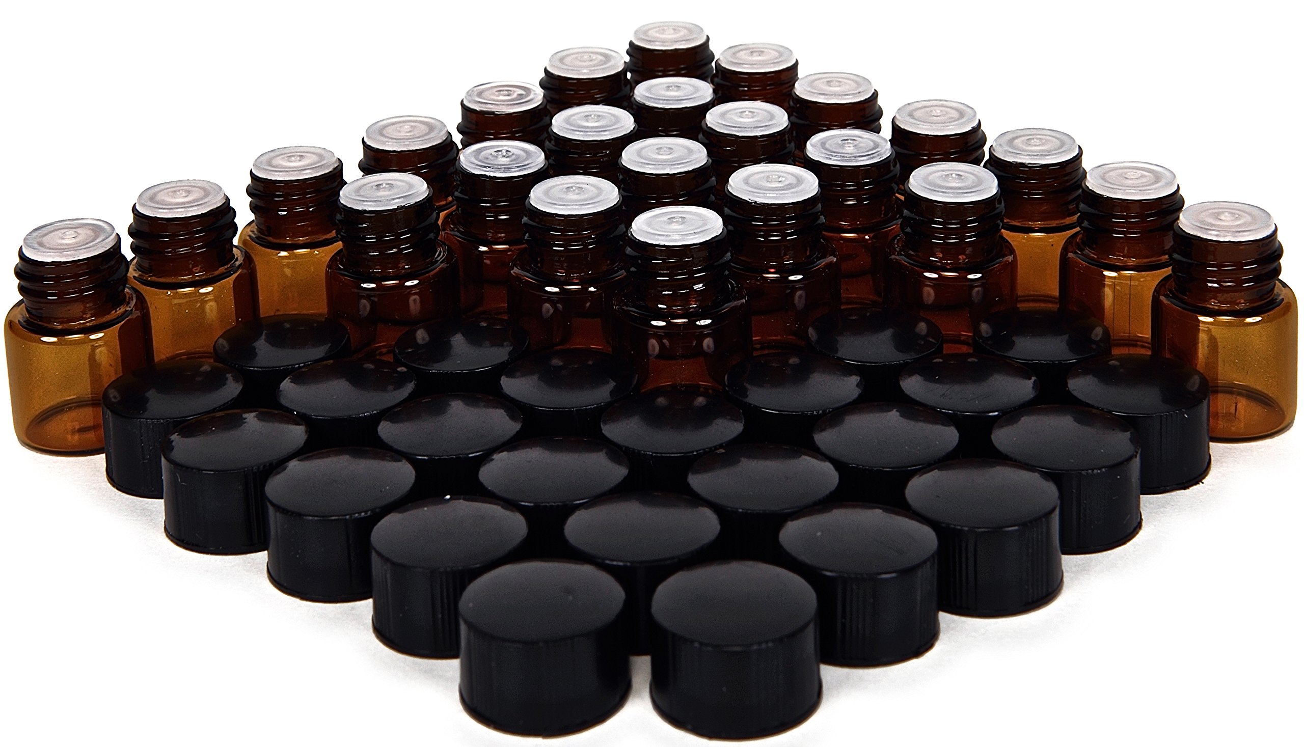 24, Amber, 1 ml (1/4 Dram) Glass Bottles, with Orifice Reducers and Black Caps