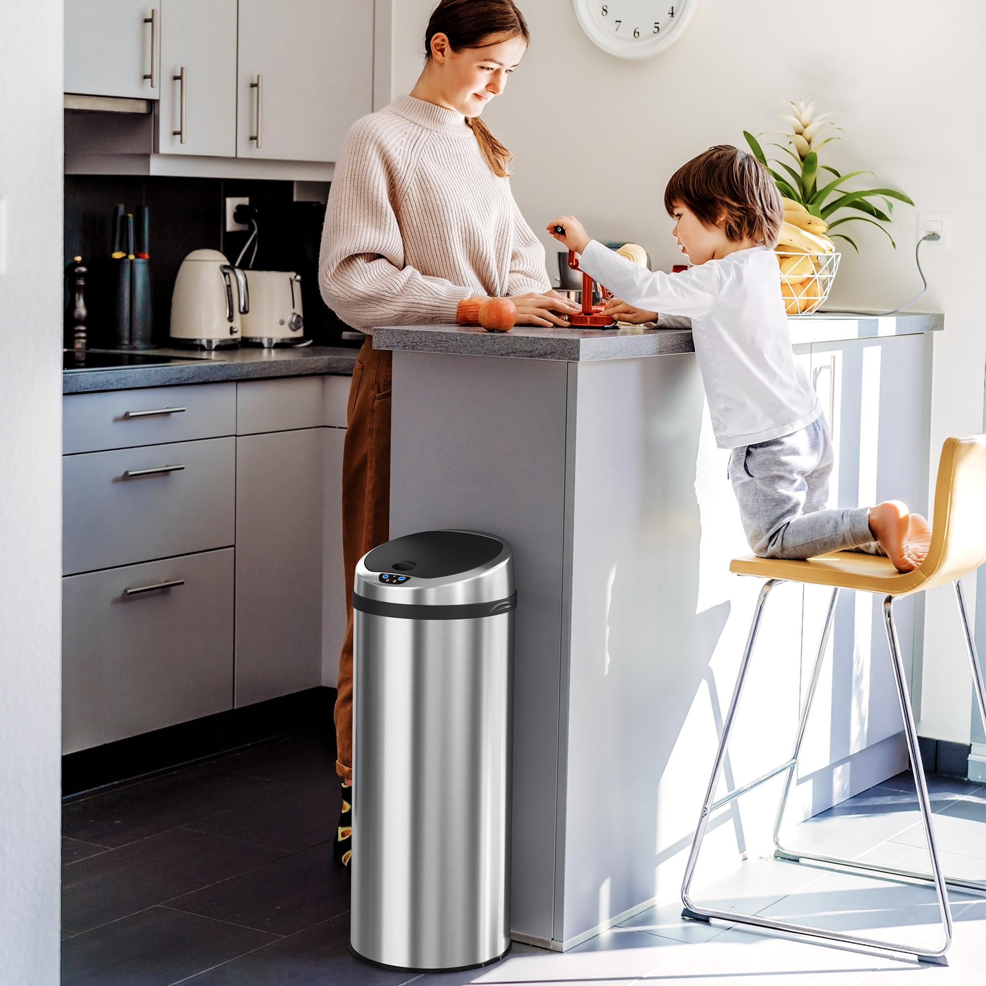 iTouchless 13 Gallon Touchless Sensor Garbage Can, Stainless Steel, Round Sensor Automatic Trash Can for Kitchen and Office