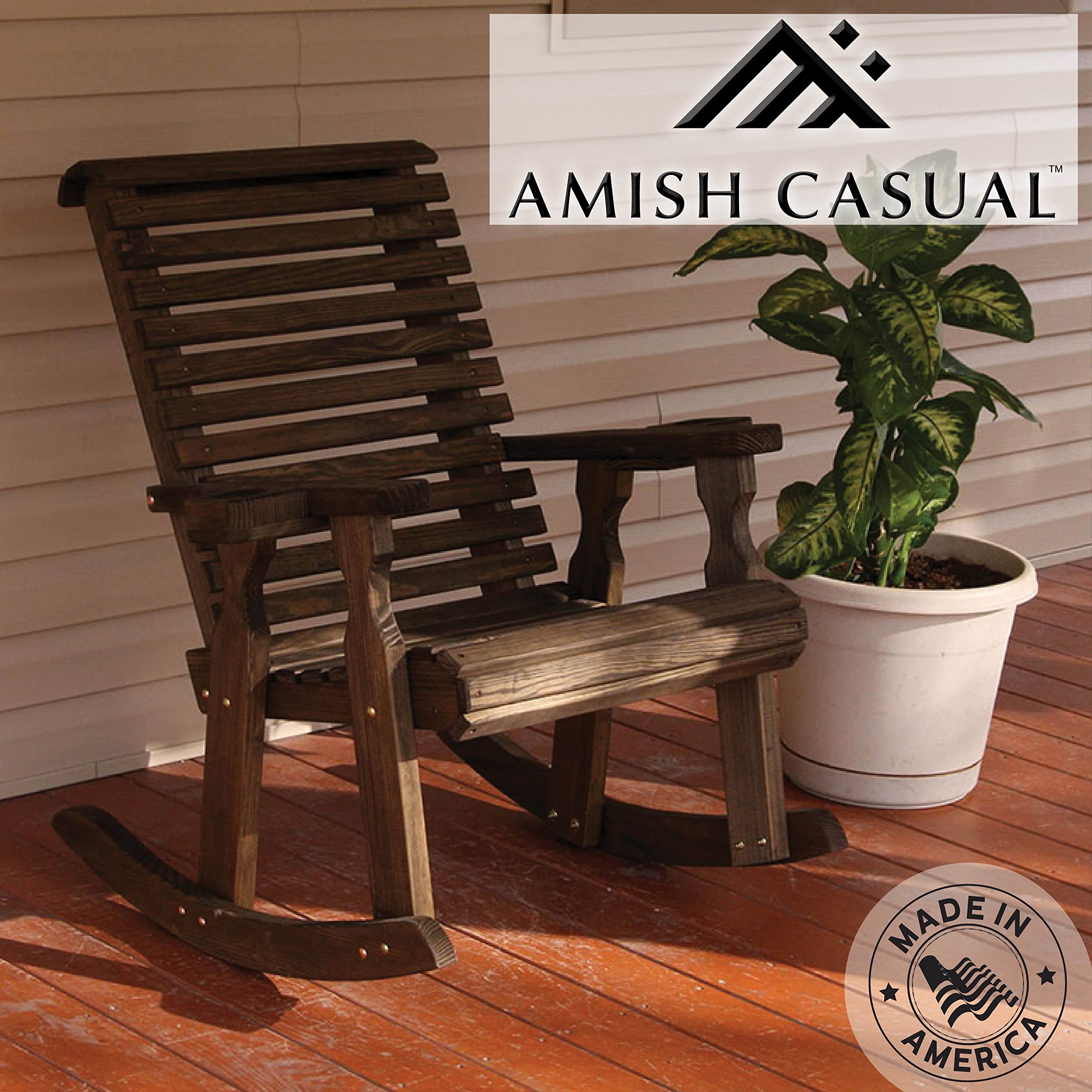 Amish Heavy Duty 600 Lb Roll Back Pressure Treated Rocking Chair with Cupholders (Dark Walnut Stain)