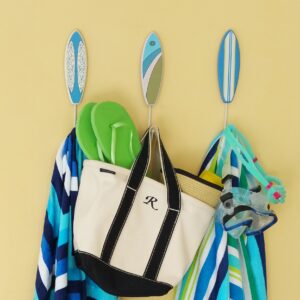 Tumbler Home Tropical Surfboard Wall Hooks – Set of 3 – Blue/Green/White Theme – 9” Tall