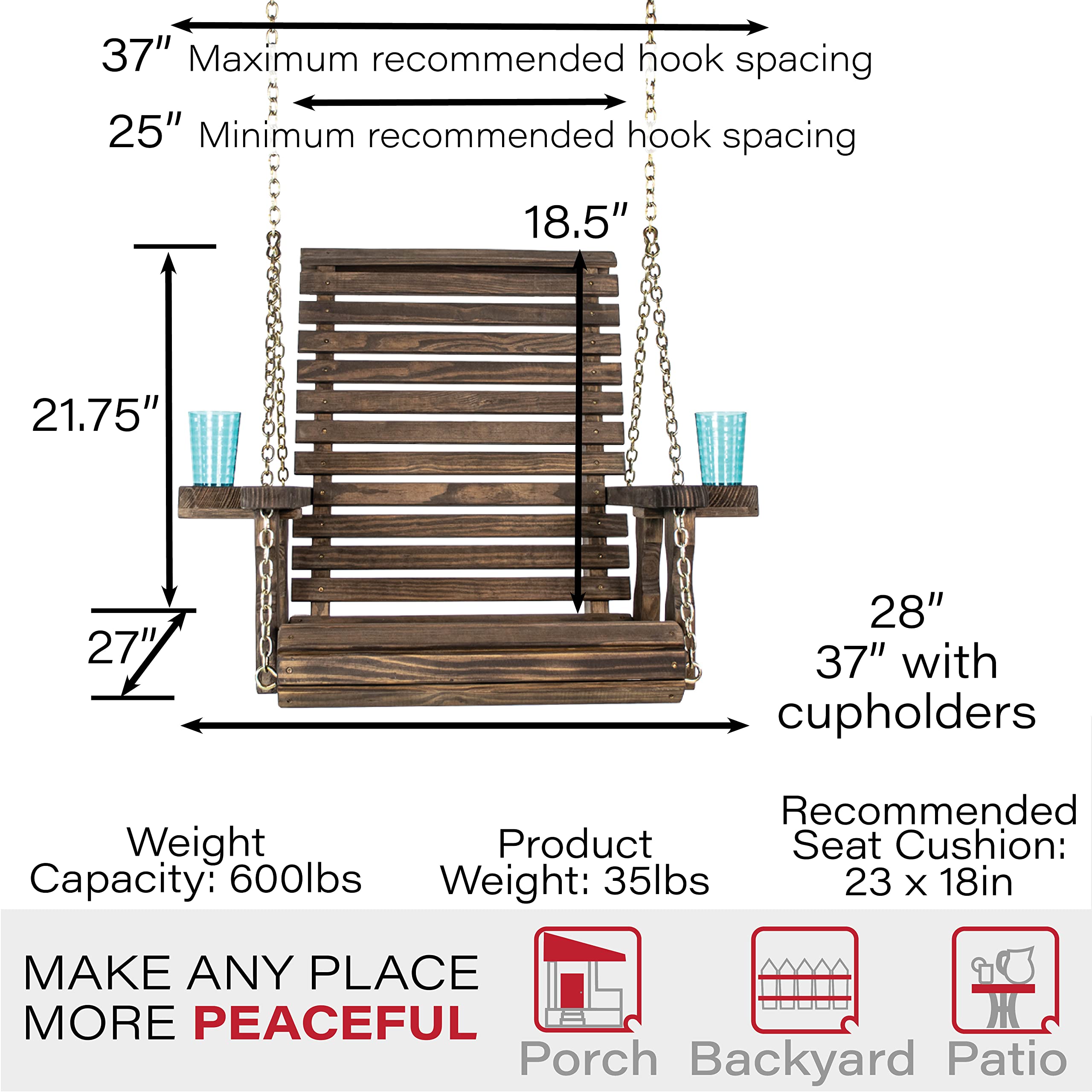 Amish Casual Heavy Duty Roll Back Pressure Treated Swing Chair with Cupholders (Dark Walnut Stain)