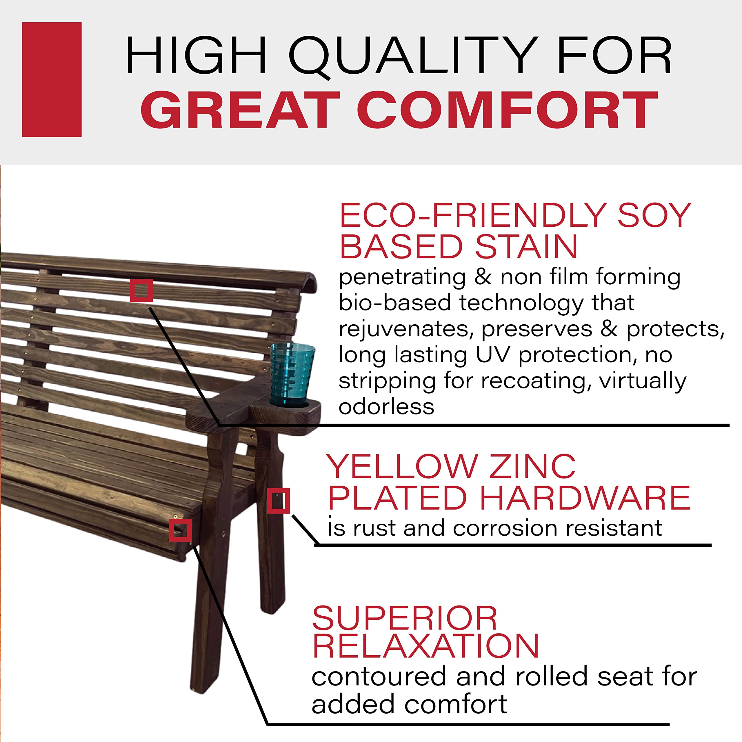 Amish Casual Heavy Duty Pressure Treated 4 Foot Outdoor Garden Bench with Cup Holders - Amish Crafted Roll Back Design in Dark Walnut Stain, 700 Lb Weight Capacity