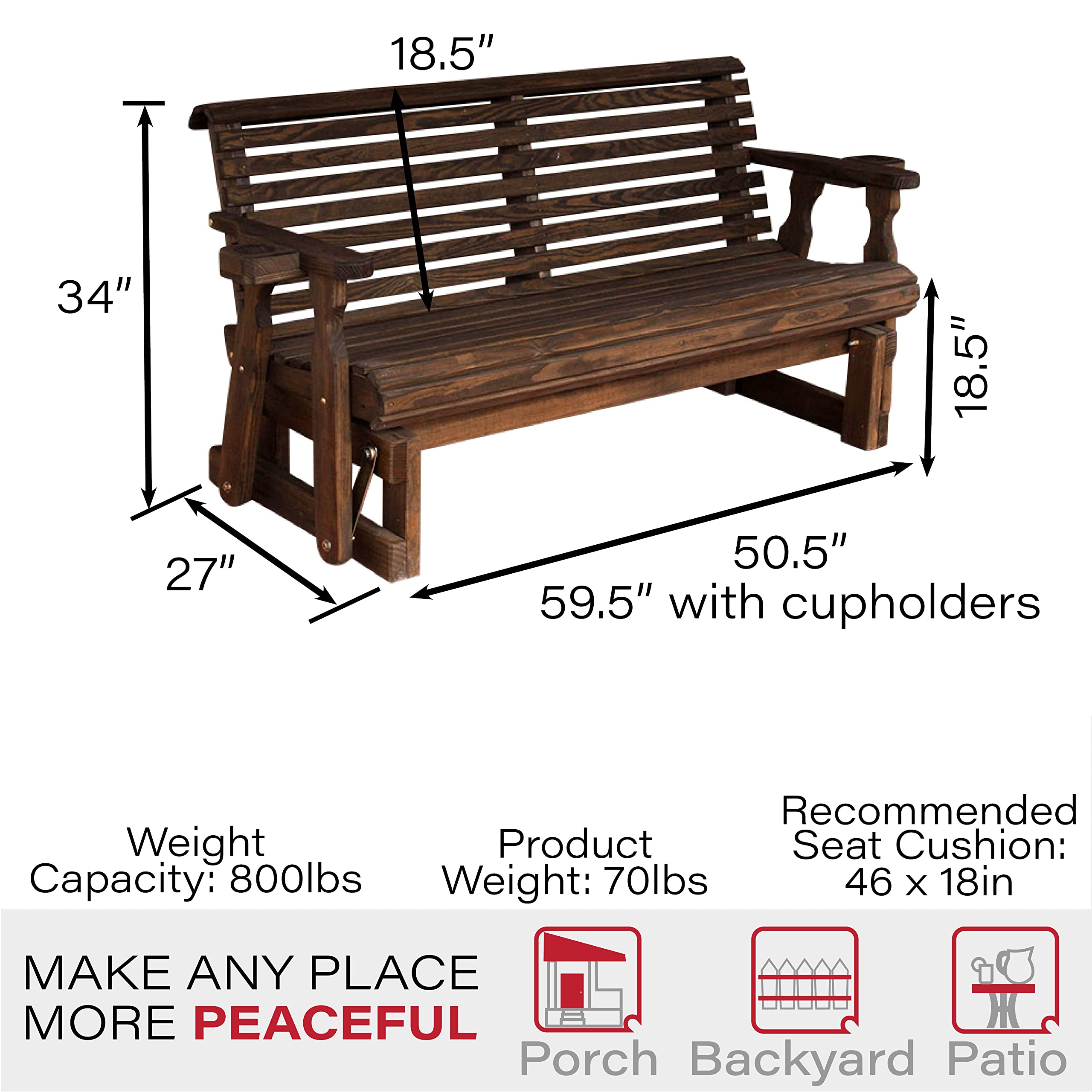 Amish Casual Heavy Duty 800 Lb Roll Back Pressure Treated Porch Glider with Cupholders (4 Foot, Dark Walnut Stain)