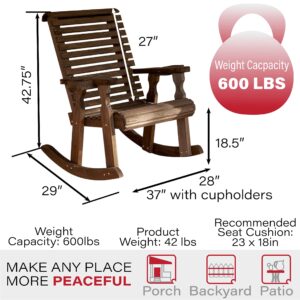 Amish Heavy Duty 600 Lb Roll Back Pressure Treated Rocking Chair with Cupholders (Dark Walnut Stain)