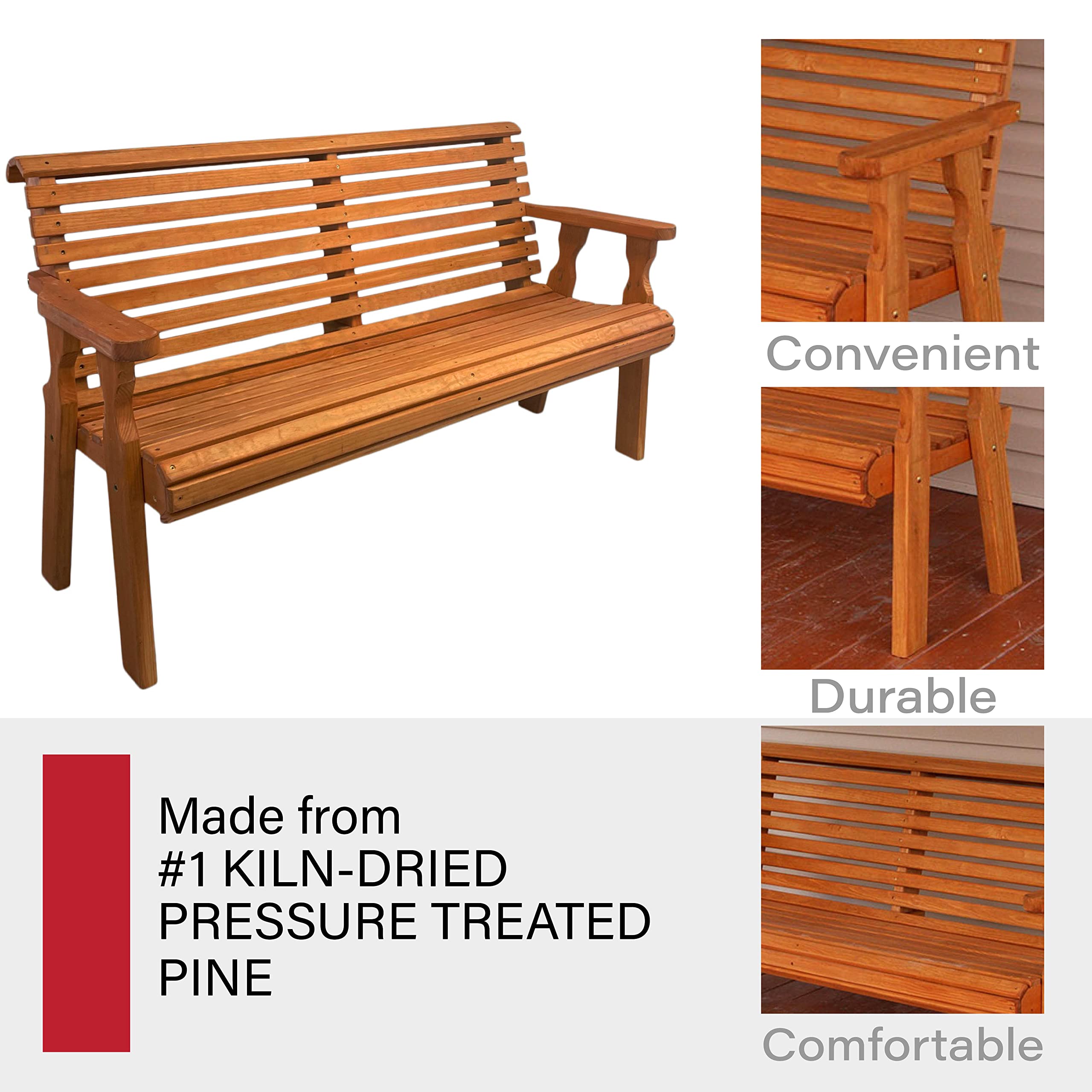 Amish Casual Heavy Duty 5 Foot Roll Back Outdoor Bench in Cedar Stain - Amish Made in The USA from Treated Pine for Outdoor Durability, 700 Lb Weight Capacity