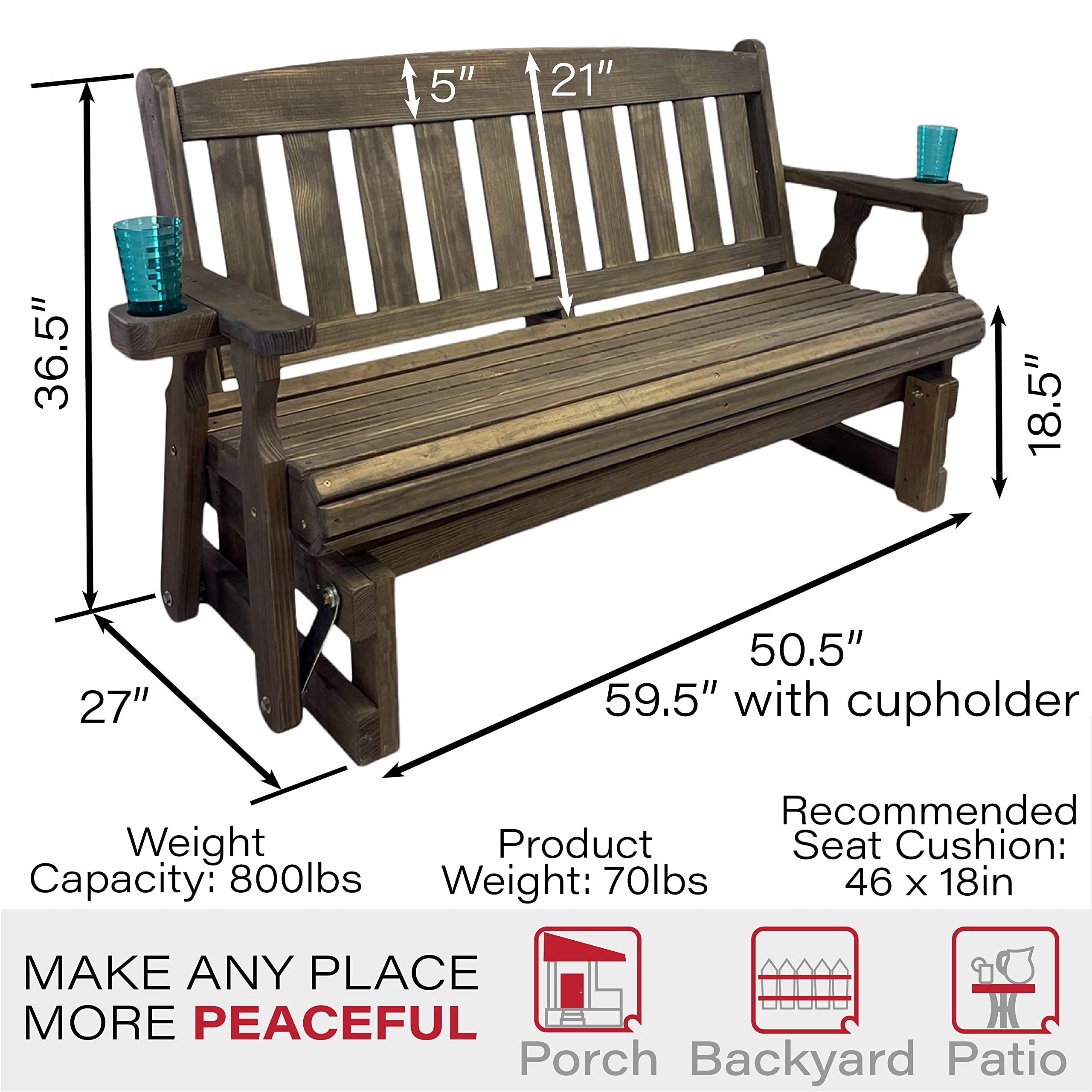 Amish Heavy Duty 800 Lb Mission Pressure Treated Porch Glider with Cupholders (4 Foot, Dark Walnut Stain)