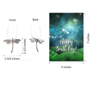 Smiling Wisdom - Happy Birthday Greeting Card Dragonfly Necklace Gift Set - Teen Women (Green Silver Dragonfly)