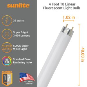 Sunlite 30246 F32T8/SP850 4 Foot T8 Linear Fluorescent Light Bulb, 32 Watts, 3050 Lumens, Medium Bi-Pin (G13) Base, 5000K Daylight, High Performance, 10 Pack