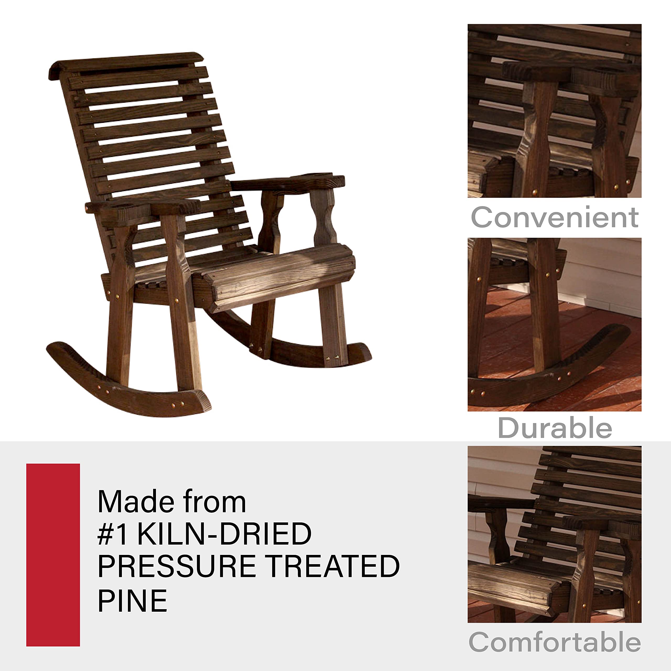 Amish Heavy Duty 600 Lb Roll Back Pressure Treated Rocking Chair with Cupholders (Dark Walnut Stain)