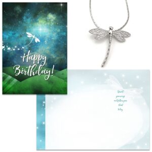 Smiling Wisdom - Happy Birthday Greeting Card Dragonfly Necklace Gift Set - Teen Women (Green Silver Dragonfly)