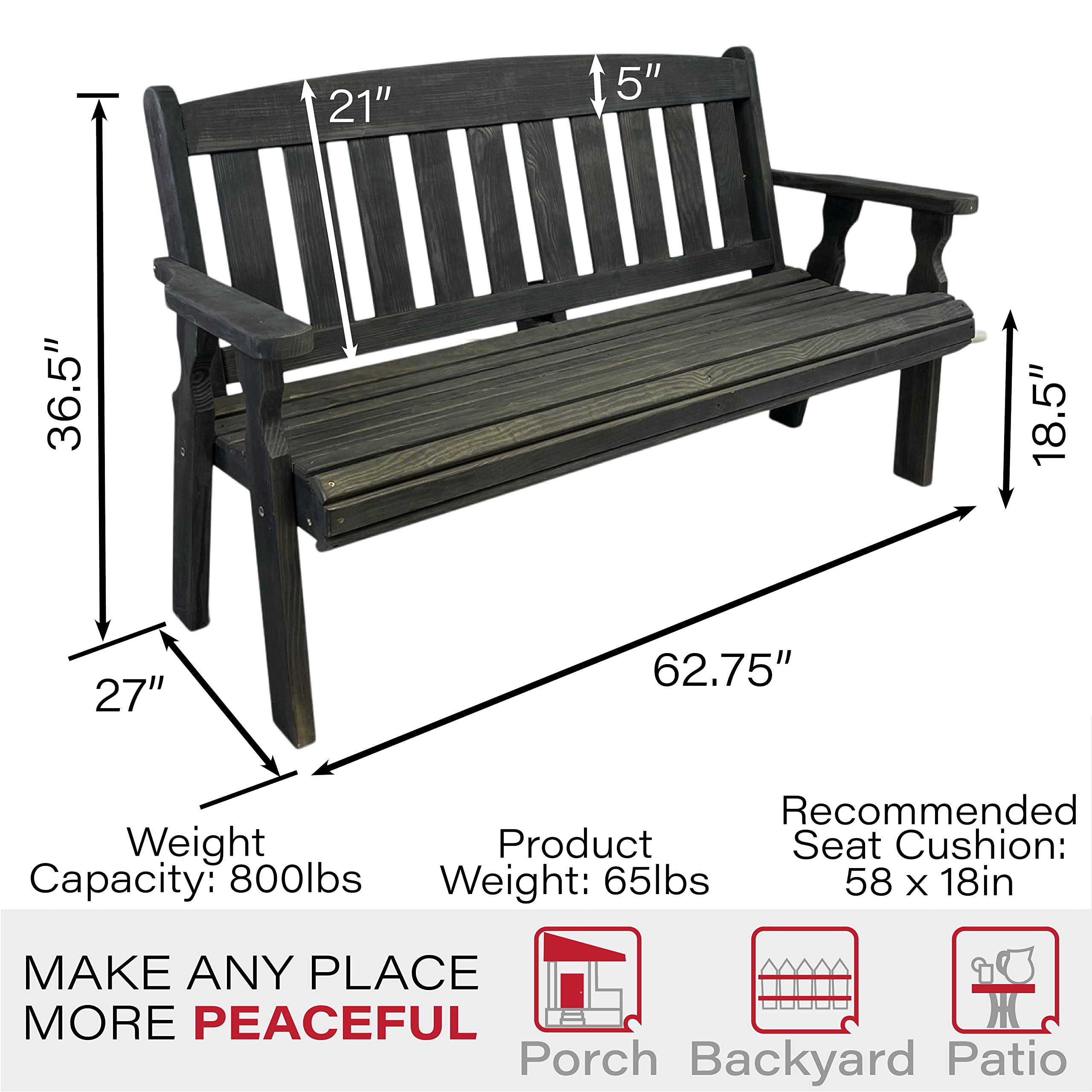 Amish Heavy Duty 800 Lb Mission Pressure Treated Garden Bench(5 Foot, Semi-Solid Black Stain)