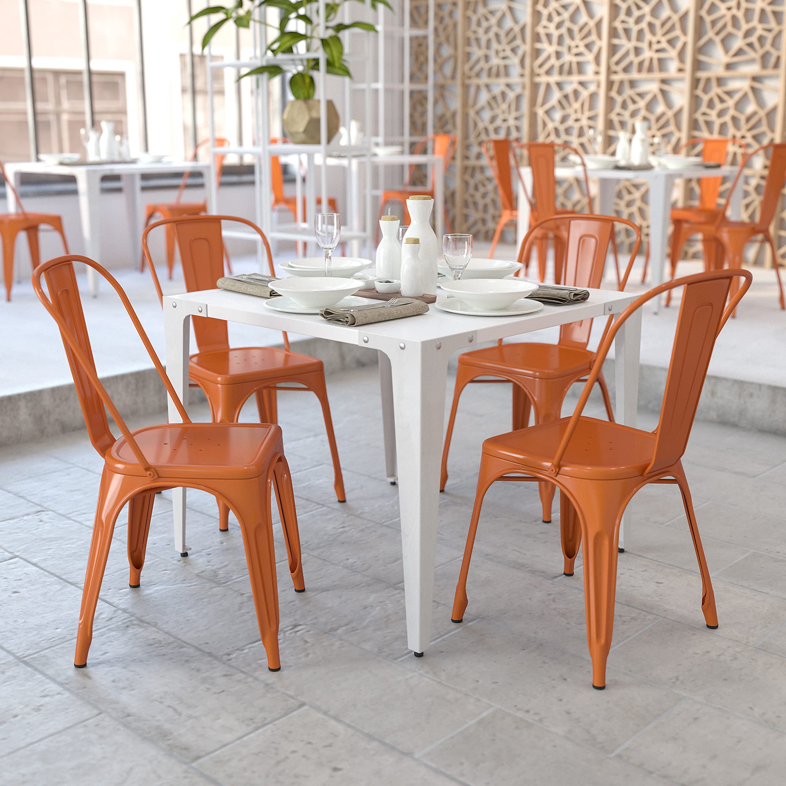 Flash Furniture Luke Commercial Grade 4 Pack Orange Metal Indoor-Outdoor Stackable Chair