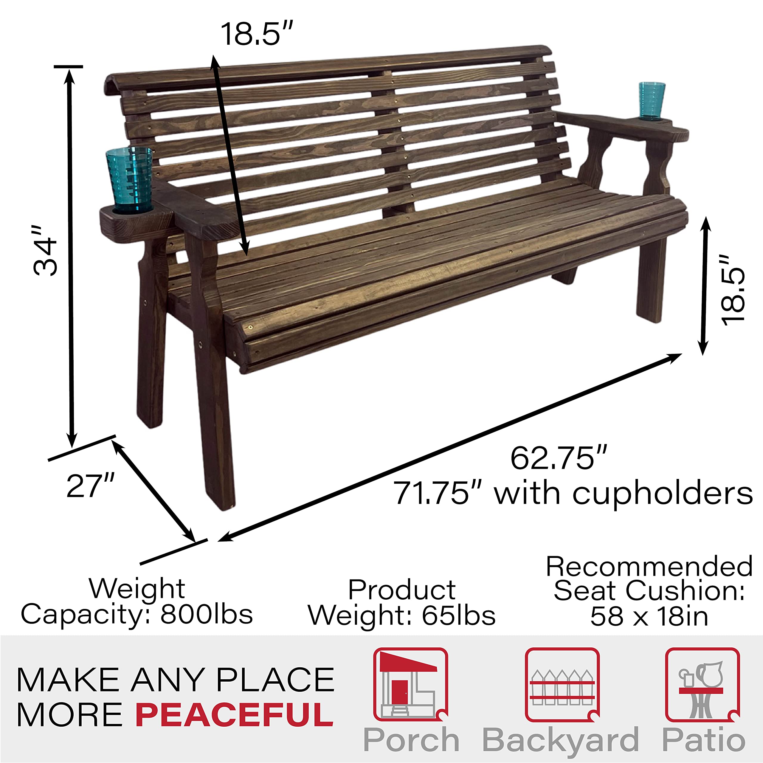 Amish Casual Heavy Duty Pressure Treated 4 Foot Outdoor Garden Bench with Cup Holders - Amish Crafted Roll Back Design in Dark Walnut Stain, 700 Lb Weight Capacity