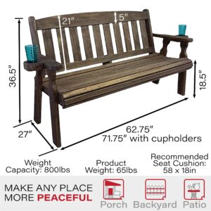 Amish Casual Heavy Duty 800 Lb Mission Pressure Treated Garden Bench with Cupholders (5 Foot, Dark Walnut Stain)