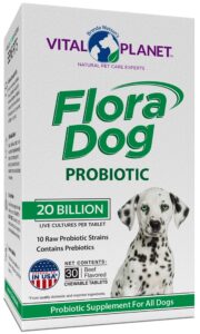 vital planet - flora dog probiotic chewable tablets supplement with 20 billion cultures and 10 strains, high potency immune and digestive support probiotics for dogs, 30 beef flavored chewable tablets