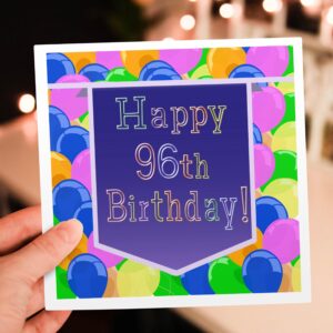 Balloons with Purple Banner Happy 96th Birthday - Greeting Card, 6 x 6 inches, single (gc_174860_5)