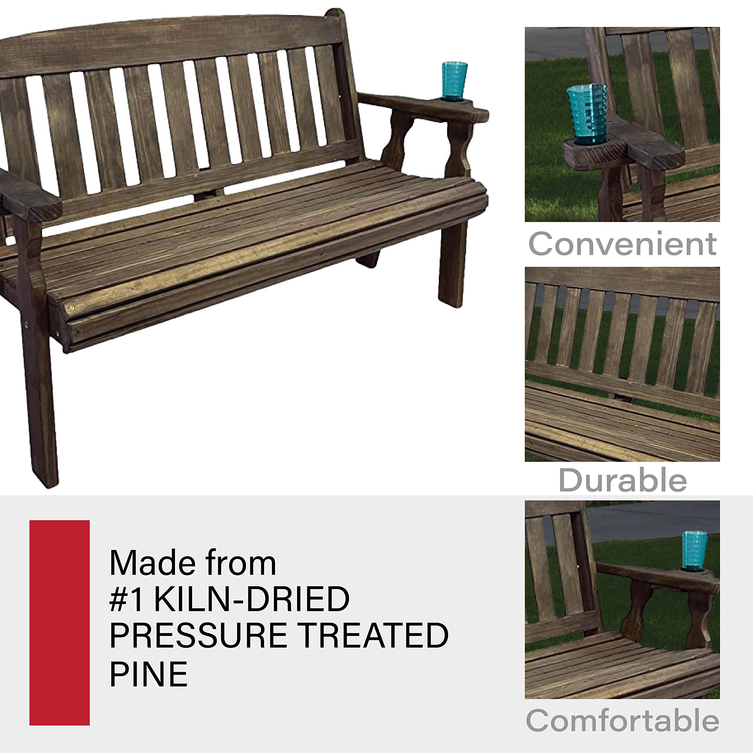 Amish Casual Heavy Duty 800 Lb Mission Pressure Treated Garden Bench with Cupholders (5 Foot, Dark Walnut Stain)