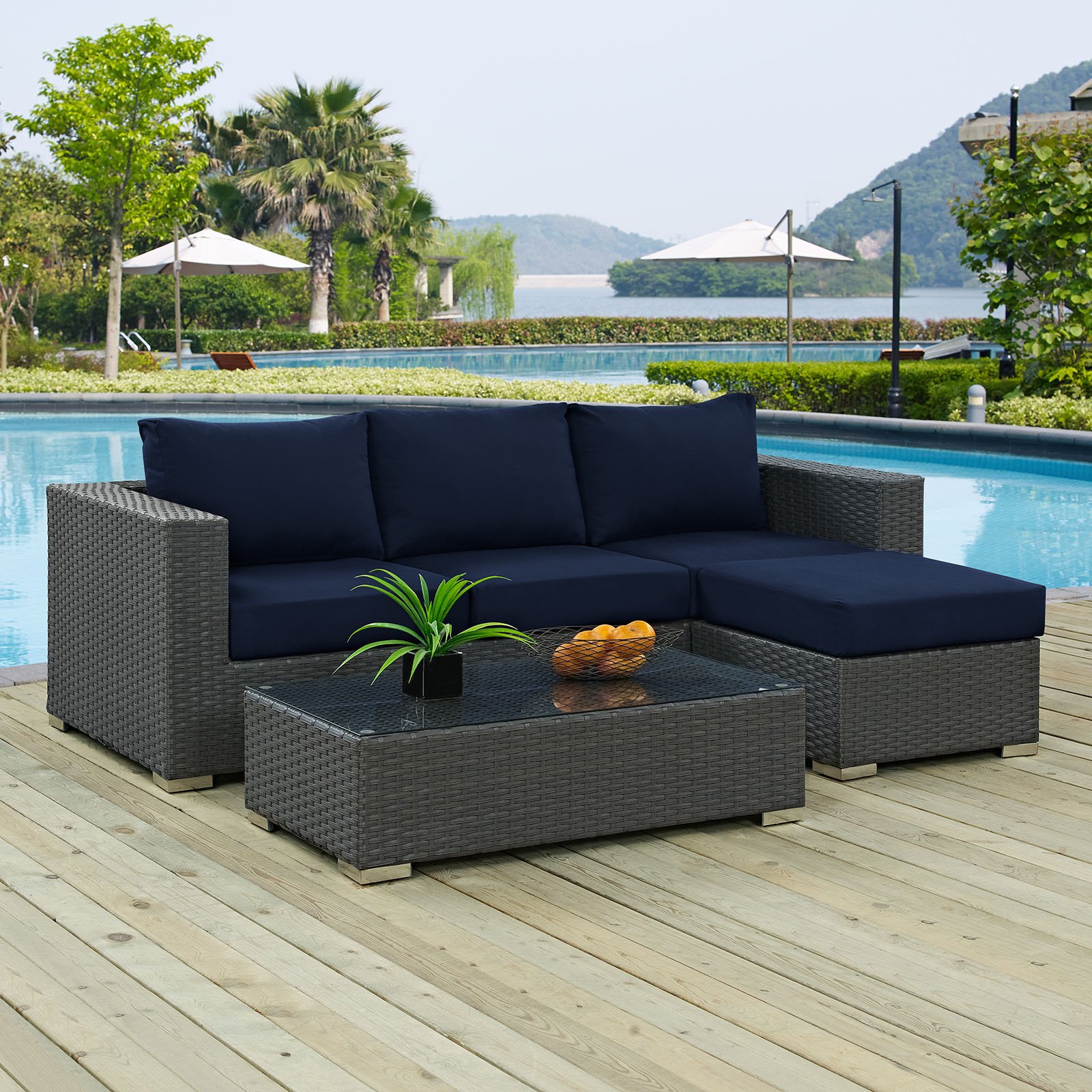 Modway Sojourn Wicker Rattan 3 Piece Outdoor Patio Sunbrella Sectional Set in Canvas Navy