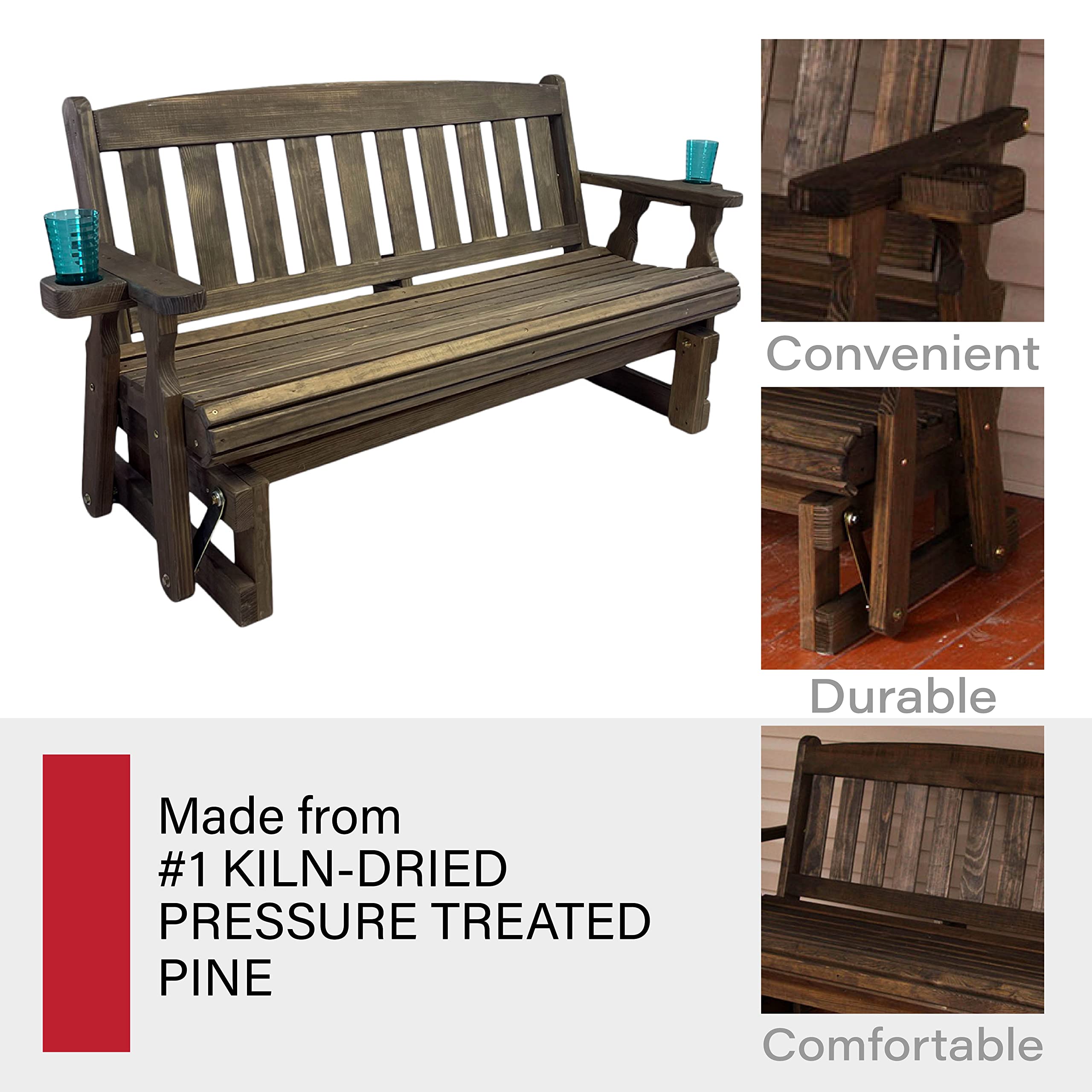 Amish Heavy Duty 800 Lb Mission Pressure Treated Porch Glider with Cupholders (4 Foot, Dark Walnut Stain)