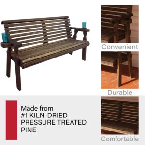 Amish Casual Heavy Duty Pressure Treated 4 Foot Outdoor Garden Bench with Cup Holders - Amish Crafted Roll Back Design in Dark Walnut Stain, 700 Lb Weight Capacity