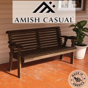 Amish Casual Heavy Duty Pressure Treated 4 Foot Outdoor Garden Bench with Cup Holders - Amish Crafted Roll Back Design in Dark Walnut Stain, 700 Lb Weight Capacity