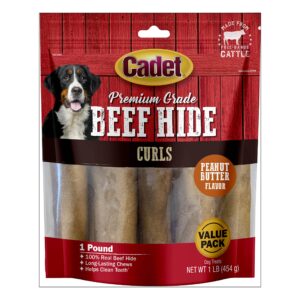 cadet premium grade beef hide for dogs, rawhide long lasting dog chews, chips, curls & rolls for small/medium/large dogs