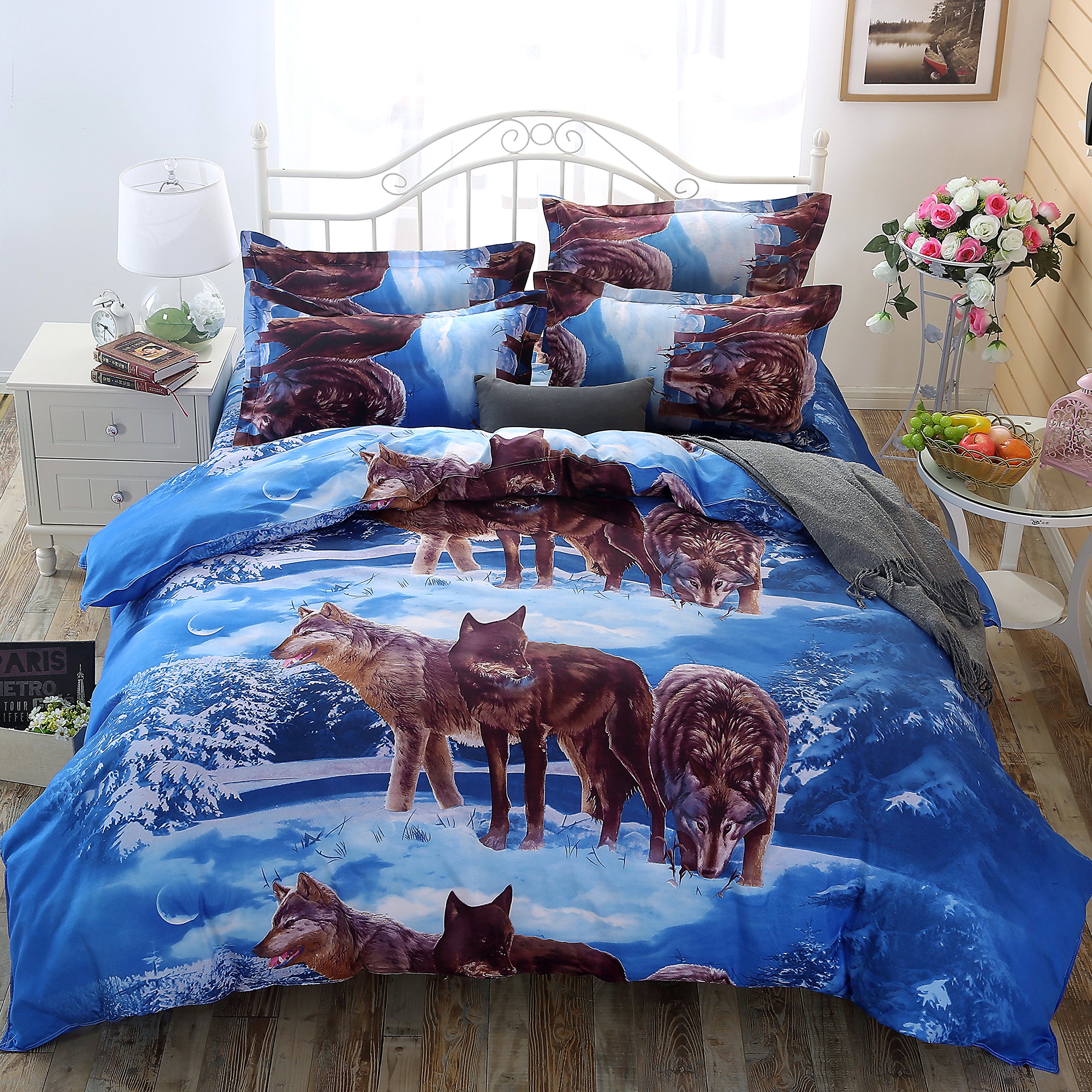 Heave Wolf Duvet Cover Set Queen Size Wolf Printed Bed Set with Sheet and 2 Pillow Covers Manly Bedding 4pcs