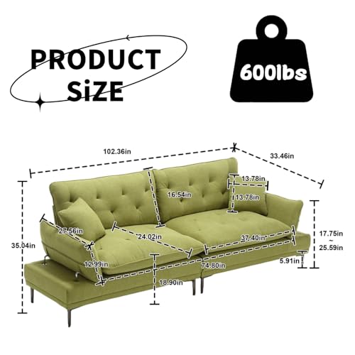 CDBBIB 102'' Convertible Futon Sofa Bed, Linen Sofa with Metal Feet,Mid Century Modern Couch.Futon Couch Small Space, Suitable for Living Room,Bedroom, Apartment.(Olive)