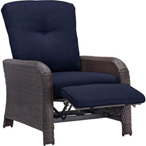 Hanover Strathmere Outdoor Recliner Chair with Thick Foam Weather-Resistant Navy Blue Cushions, Steel Frames, Brown Wicker, Luxury Outdoor Recliner for Patio, Deck, Backyard, or Porch