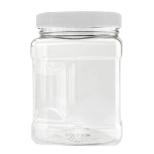 Pride Of India Clear Food Grade PET Plastic Square Grip Storage Jar w/Cap | 32 Fluid Ounces (3-4 Cup Storage Capacity) | BPA Free USA Made