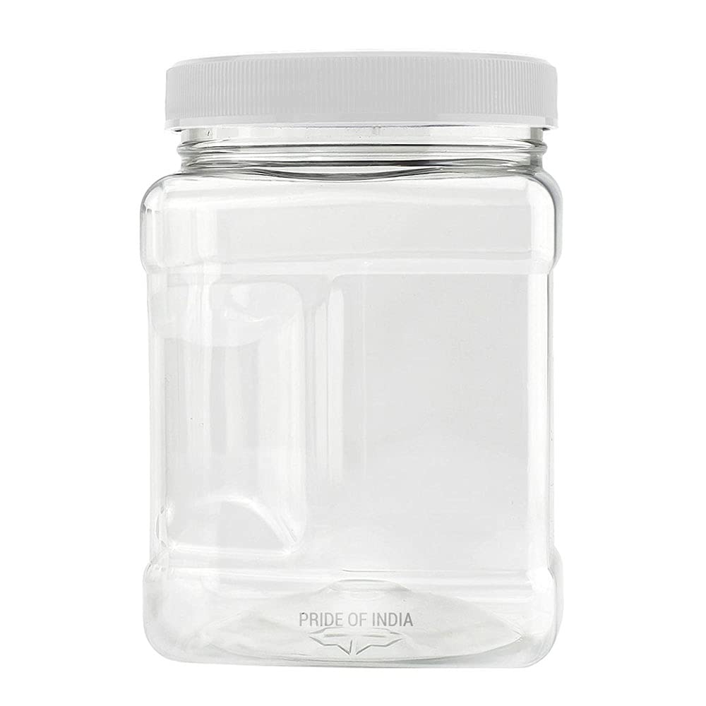 Pride Of India Clear Food Grade PET Plastic Square Grip Storage Jar w/Cap | 32 Fluid Ounces (3-4 Cup Storage Capacity) | BPA Free USA Made